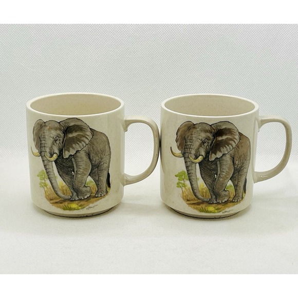 Vintage Elephant Gray Ceramic Mugs Pair Of Cups Japan - Picture 1 of 4